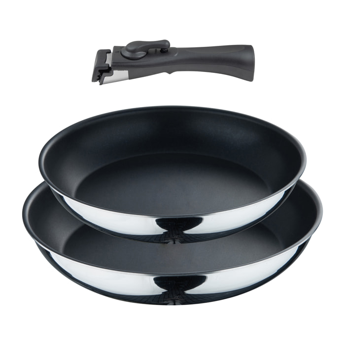 juego de 2 sartenes ø24ø26cm acero inoxidable negro + mango desmotable antiadherente ilag