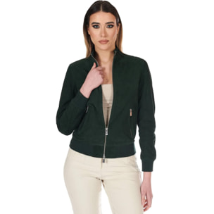 Bomber in pelle camoscio verde colletto coreana