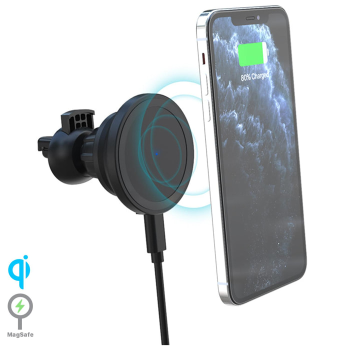 Supporto magnetico, compatibile con iPhone12, con caricabatteria da auto a ricarica rapida wireless Qi. Funzione caricabatterie da tavolo universale Qi.