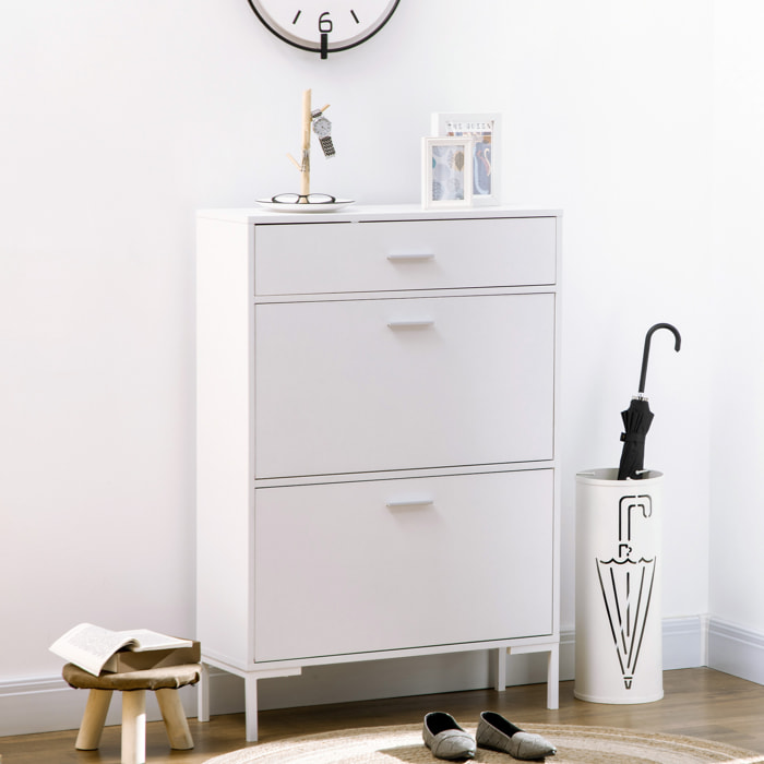 Meuble à chaussures 12 paires, armoire à chaussures étroite avec 2 tiroirs rabattables, 1 tiroir et étagères réglables, style moderne, pour couloir, entrée, 75 x 26 x 110 cm, blanc