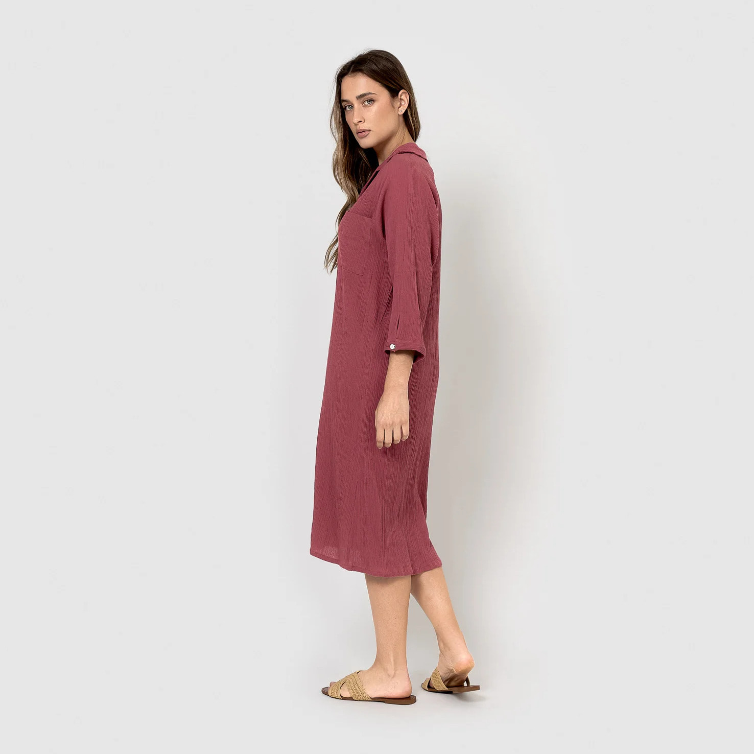 Vestido midi algodón lino malva/rosa