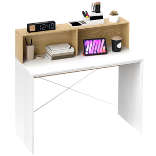 Escritorio, 110x50x102,6 cm, Mesa de Escritorio, Mesa de Ordenador con 2 Compartimentos Abiertos y Estante, Fácil de Montar, para Casa, Oficina, Dormitorio, Estudio, Blanco y Madera Natural