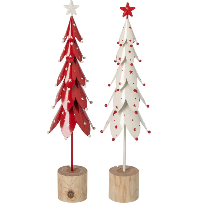 J-Line arbres avec étoiles - fer - blanc/rouge Noël - small - assortiment de 2