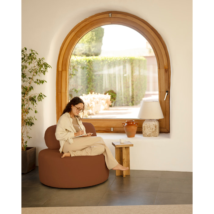 Sillón de bouclé redonda color marron cobre de 91x71cm Alto: 71 Largo: 91 Ancho: 91