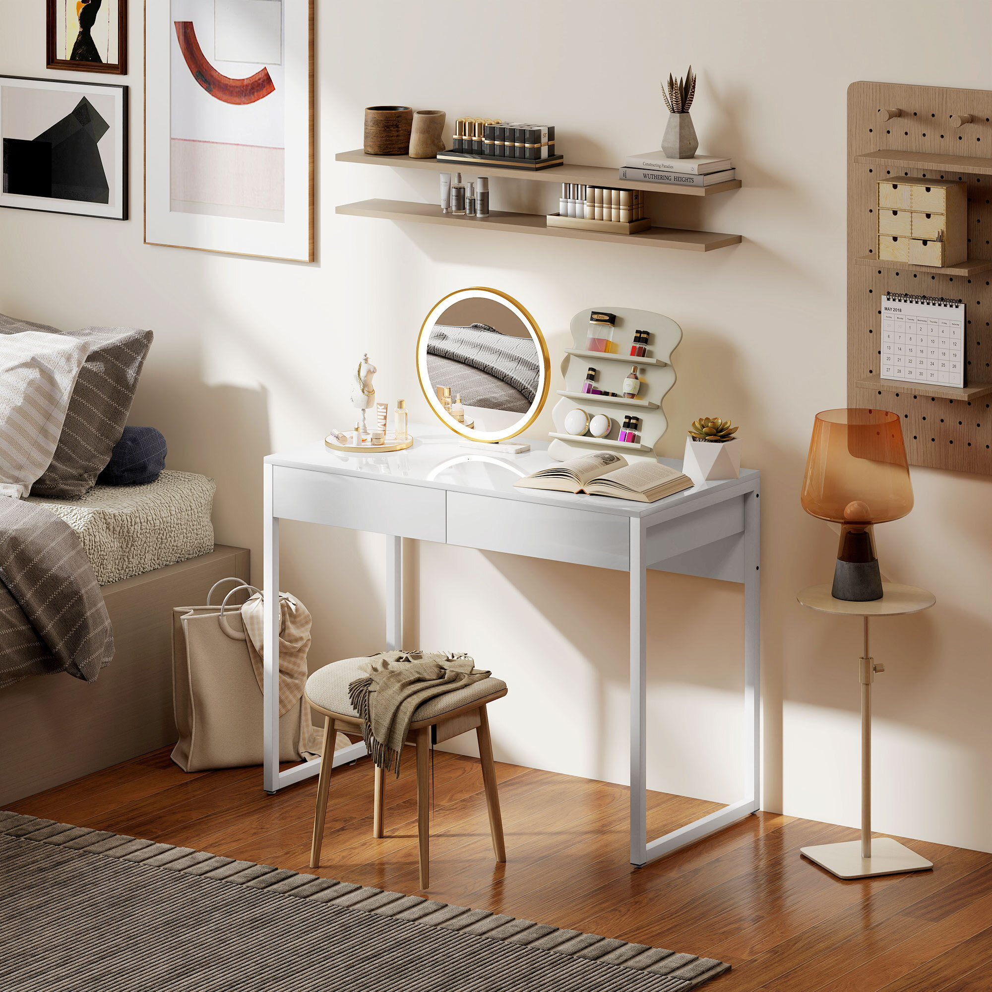 Bureau design blanc laqué dim. 100 x 50 cm - 2 tiroirs - acier MDF