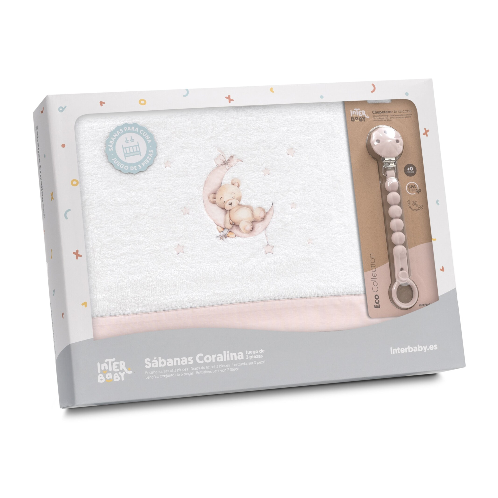 Triptico Cuna Coralina Estampado Oso Luna Estrellas + Broche Bco/Rosa