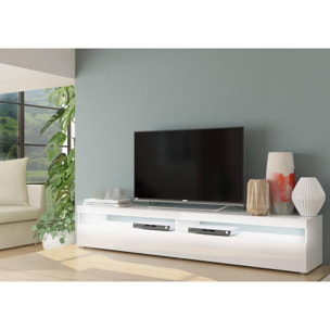 Mobile da soggiorno Porta TV, Made in Italy, Supporto per TV a 1 anta a ribalta e ripiani, cm 200x45h36, colore Bianco lucido, con luce LED bianca