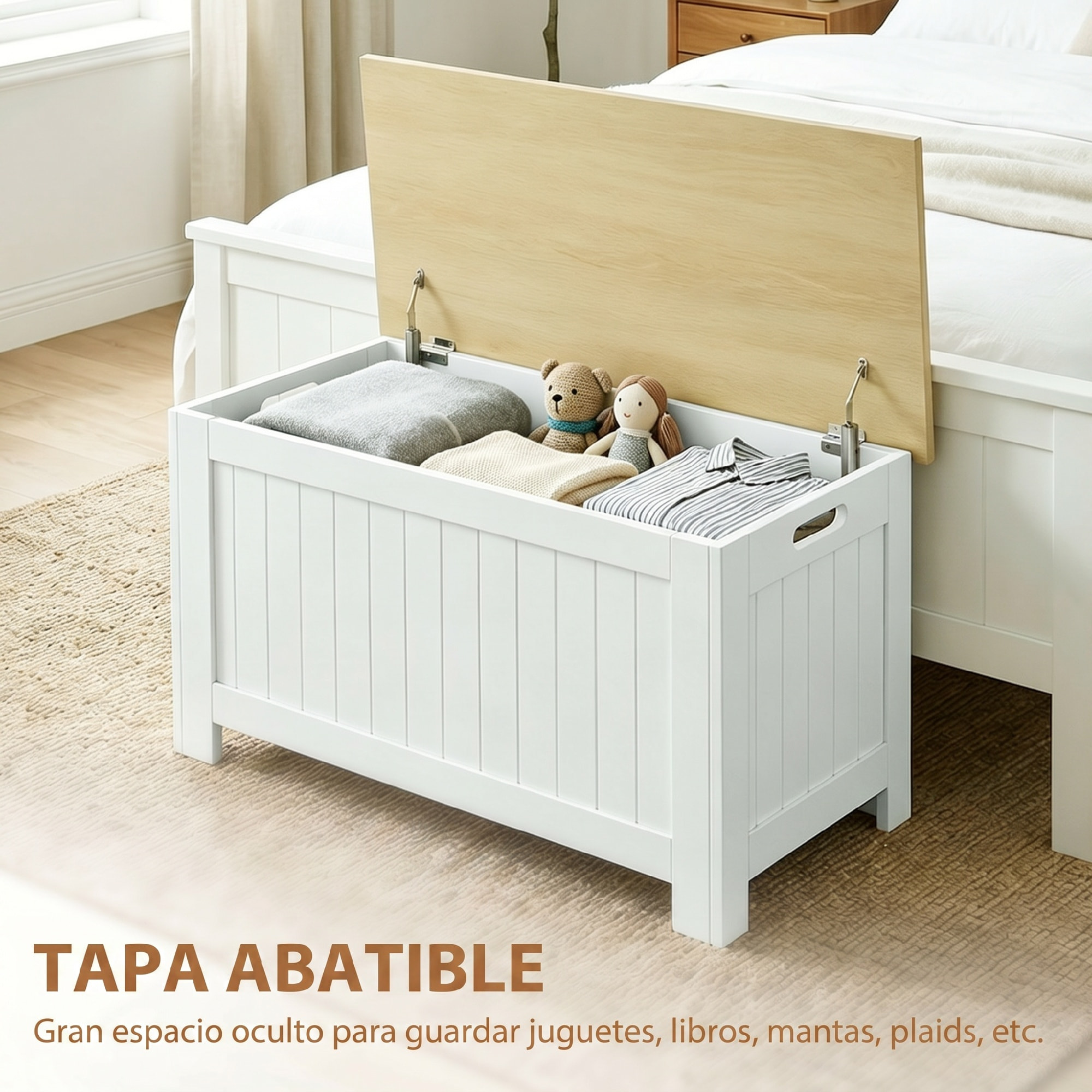 Baúl de Almacenaje para Dormitorio 90 L Banco de Almacenaje con Tapa Baúl de Almacenaje Versátil con Bisagra de Seguridad para Pasillo Salón 80,5x40x46,4 cm Natural y Blanco