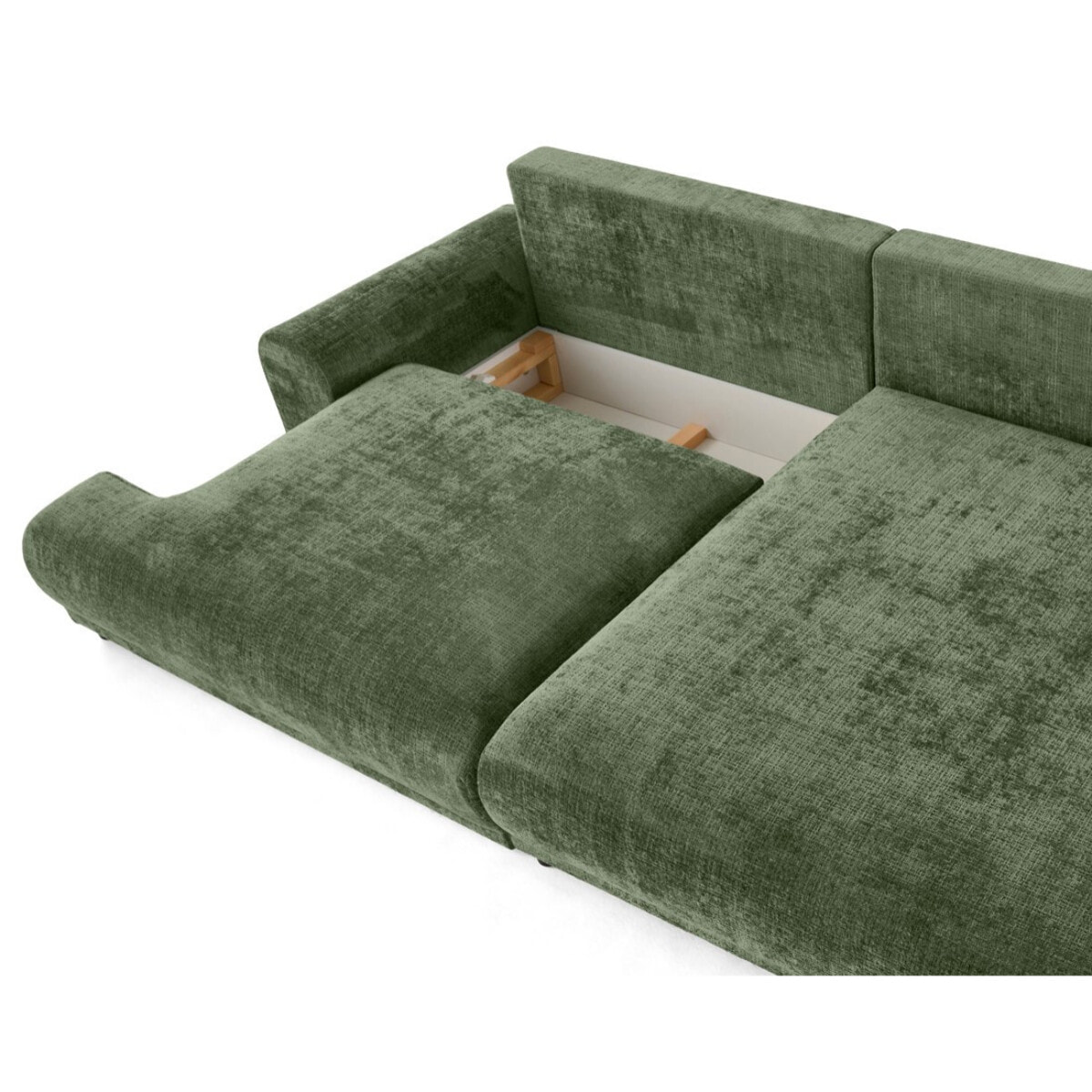 Nelly - canapé d'angle droit 4 places convertible avec coffre en velours texturé - Vert sauge