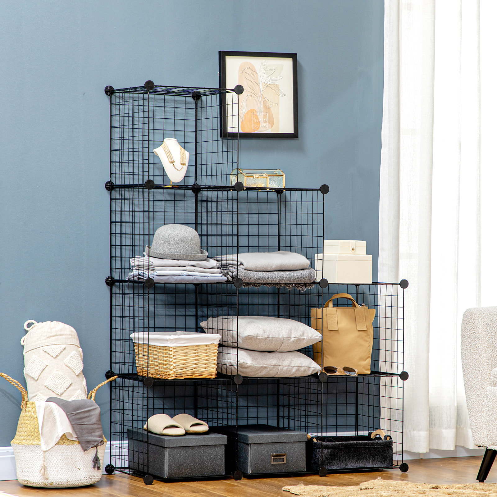 Estantería Modular de 9 Cubos, Estantería Apilable de Alambre DIY, Organizador de Almacenamiento Multiuso, para Salón, Dormitorio, Negro