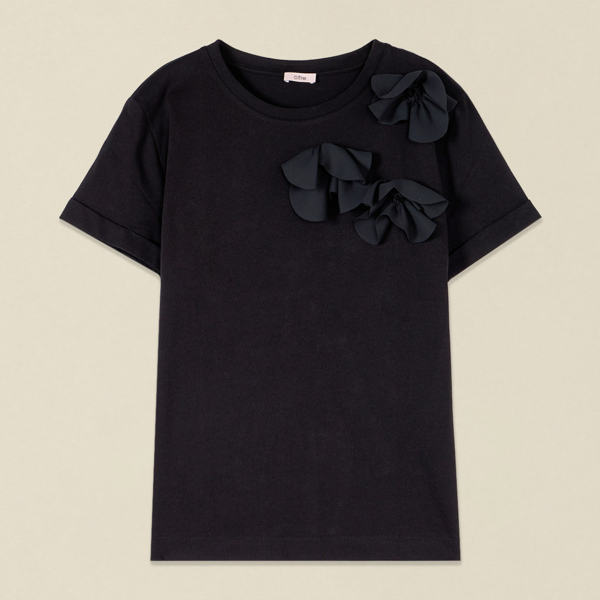 Oltre - T-shirt in cotone con applicazione floreale - Nero