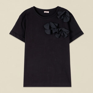 Oltre - T-shirt in cotone con applicazione floreale - Nero