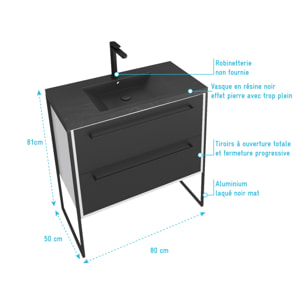 Meuble de salle de bain 80x50cm Blanc - 2 tiroirs noir mat - vasque resine noire effet pierre