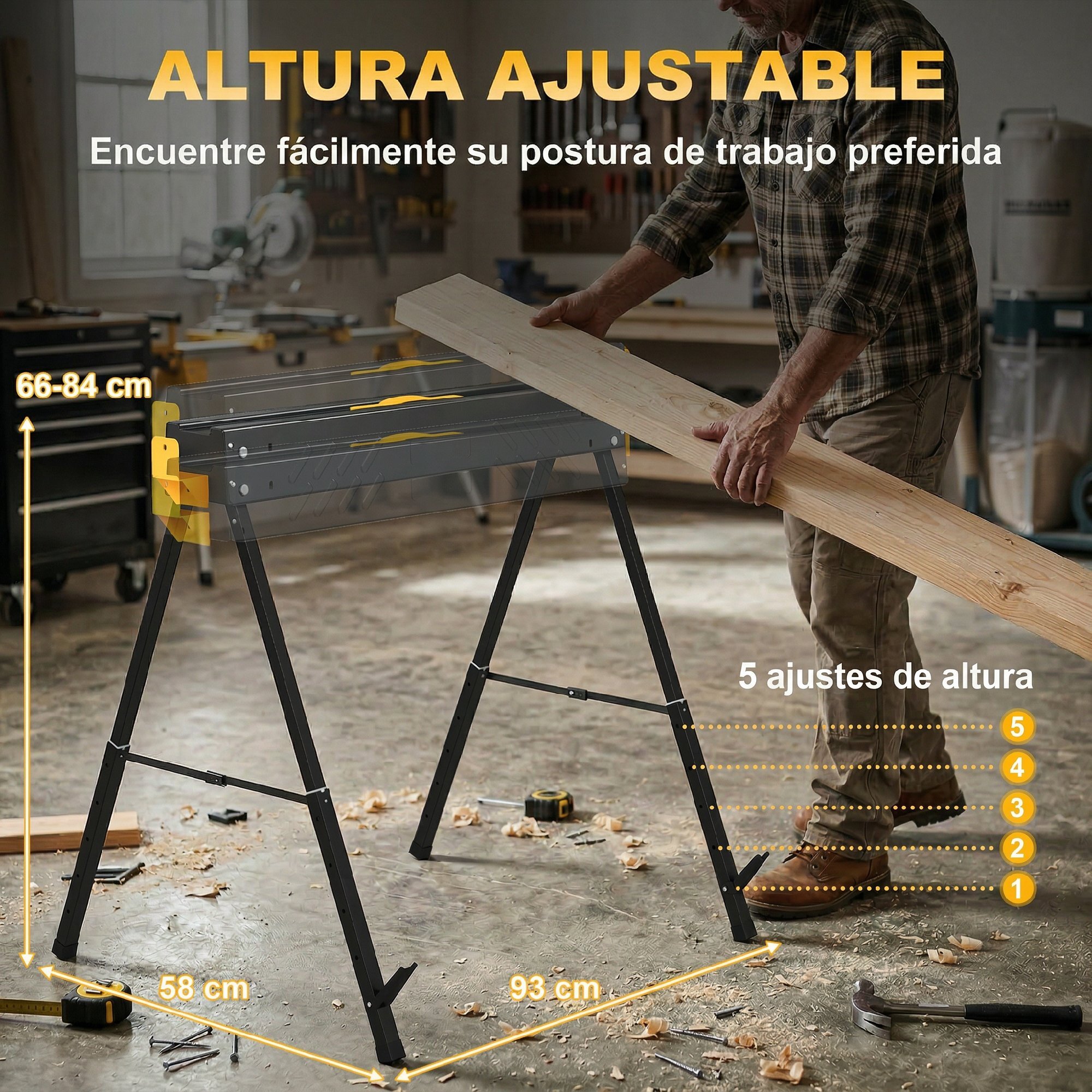 Set de 2 Caballetes para Sierra Plegables, Banco de Trabajo, Altura Ajustable, para Madera 2x4, con Asa, Ganchos, Base Antideslizante, para Carpintería y Bricolaje, Soporta hasta 500 kg, Negro