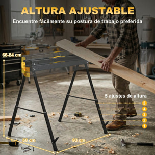 Set de 2 Caballetes para Sierra Plegables, Banco de Trabajo, Altura Ajustable, para Madera 2x4, con Asa, Ganchos, Base Antideslizante, para Carpintería y Bricolaje, Soporta hasta 500 kg, Negro