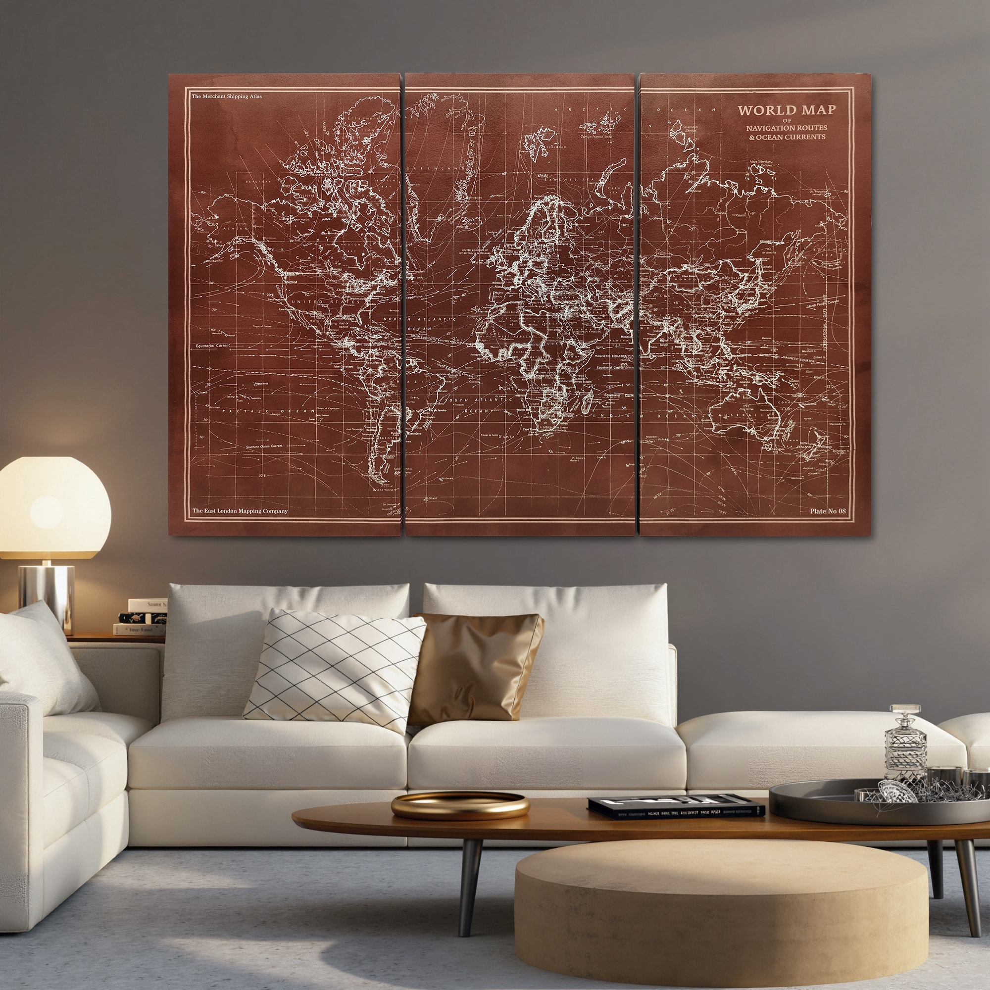 Cuadros en Lienzo Trípticos de Mapamundi Vintage a Mano, 120x60 cm, Cuadros Grandes de Arte de Pared con Marco de Madera, Decoración Elegante para Dormitorio, Salón, Cocina, Marrón