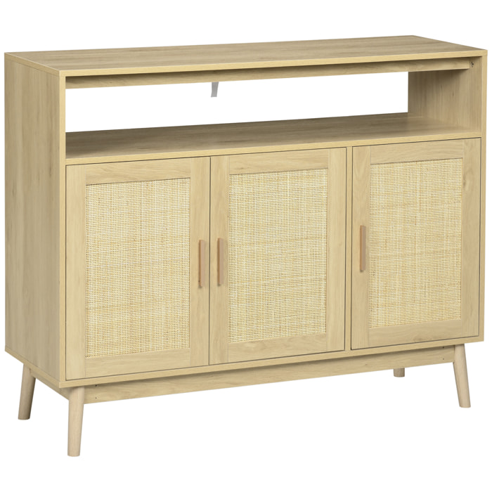 Aparador de Cocina de Estilo Boho Mueble Buffet Auxiliar con 3 Puertas de Ratán Estantes Ajustables y Patas de Madera para Salón Comedor 120x40x97 cm Natural