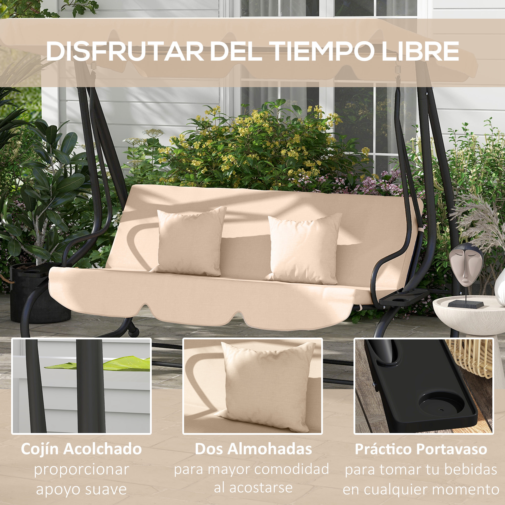 Columpio de Jardín Exterior de 3 Plazas 2 en 1 Cama Balancín de Jardín Exterior con Toldo Ajustable Bandejas Laterales y Almohadas para Balcón Terraza Patio Carga 340 kg 200x120x164 cm Arena