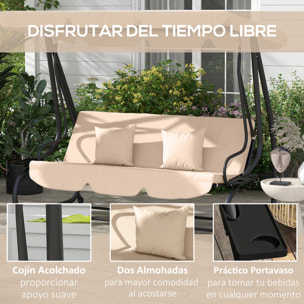 Columpio de Jardín Exterior de 3 Plazas 2 en 1 Cama Balancín de Jardín Exterior con Toldo Ajustable Bandejas Laterales y Almohadas para Balcón Terraza Patio Carga 340 kg 200x120x164 cm Arena