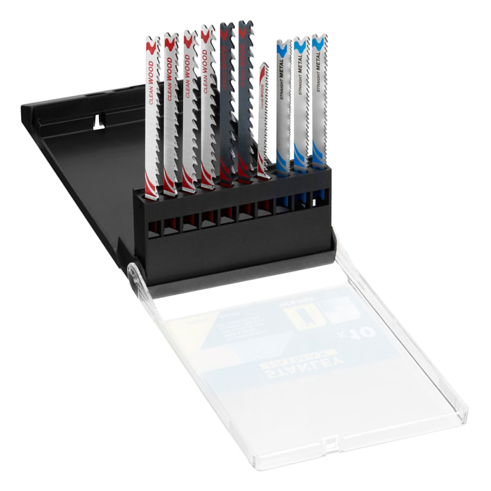 Stanley Coffret de 10 lames de scie sauteuse : 7 lames bois HCS et 3 lames métal HSS. Attache en U