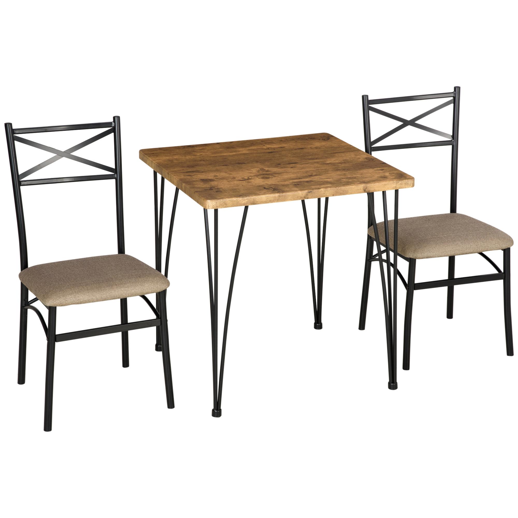 HOMCOM Conjunto de Comedor 3 Piezas Juego de 1 Mesa 74x74x76 cm y 2 Sillas 42x50x91,5 cm con Patas de Acero Estilo Moderno para Cocina Salón Interior Marrón y Negro