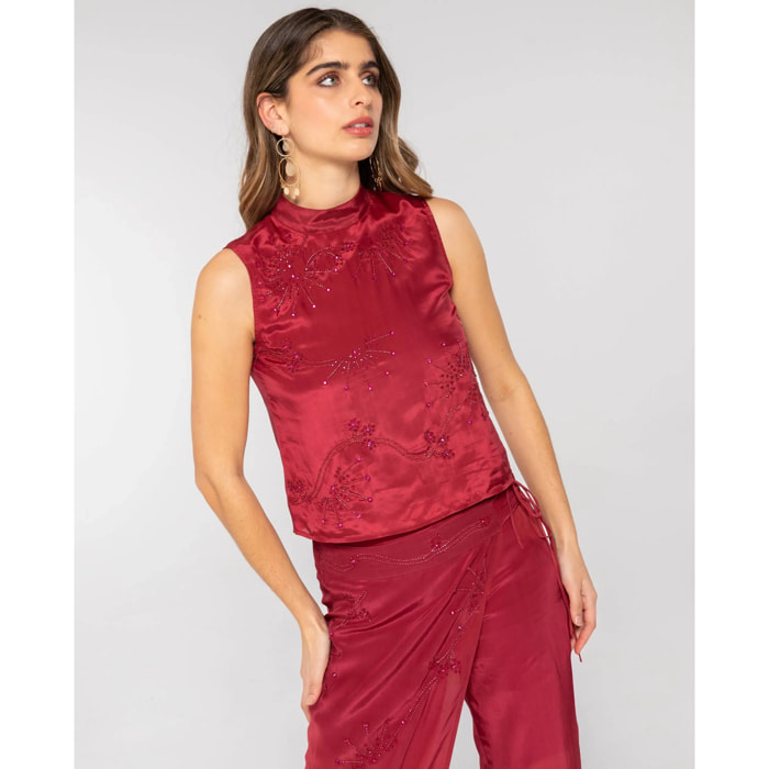 Blusa sin mangas con tejido bordado con abalorios de mujer