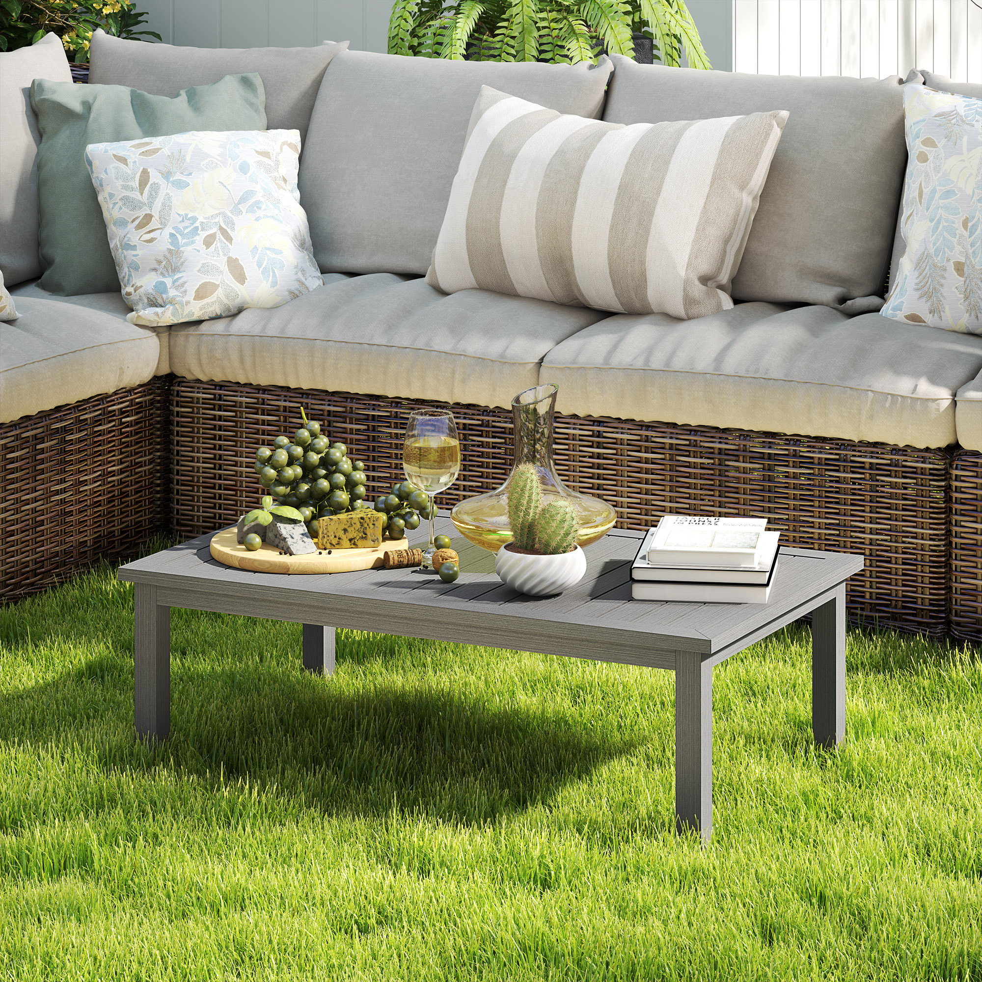 Table basse rectangulaire de jardin plateau lattes 100 x 60 x 37 cm alu effet bois gris