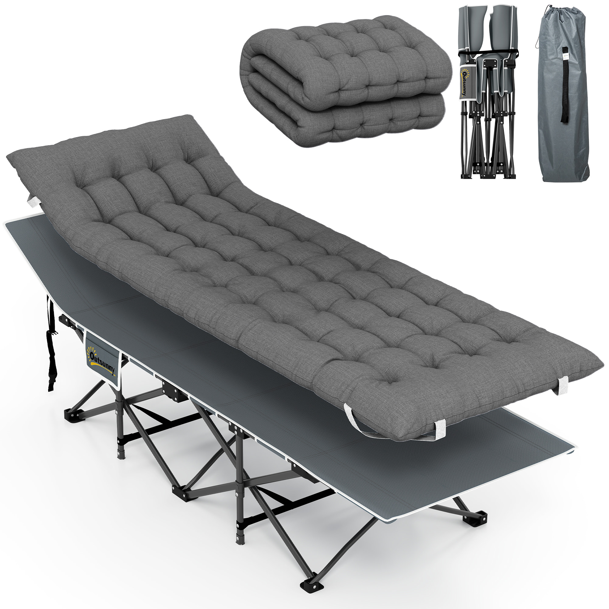 Cama Plegable Camping Cama de Acampada Portátil Tumbona de Camping con Reposacabezas Colchón Extraíble y Bolsa de Transporte Carga 150 kg para Playa Senderismo 196x68x37 cm Gris Oscuro