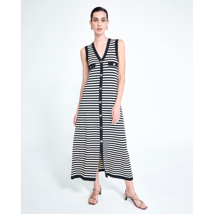 Abito lungo in maglia a righe senza maniche con spacco frontale