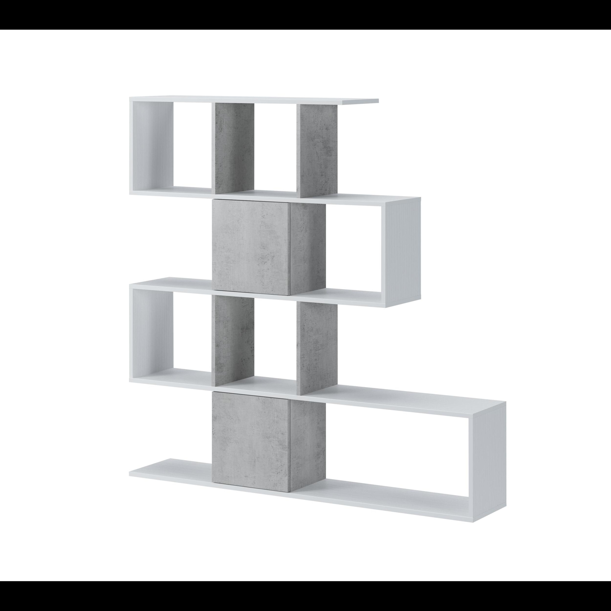 Libreria Moderna Asimmetrica Porta Libri Mensole Ripiani Design Bifacciale Con Vani Aperti e Chiusi 145 x 27,8 x 142 Cm Bianco e Grigio Cemento