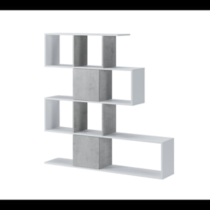 Libreria Moderna Asimmetrica Porta Libri Mensole Ripiani Design Bifacciale Con Vani Aperti e Chiusi 145 x 27,8 x 142 Cm Bianco e Grigio Cemento