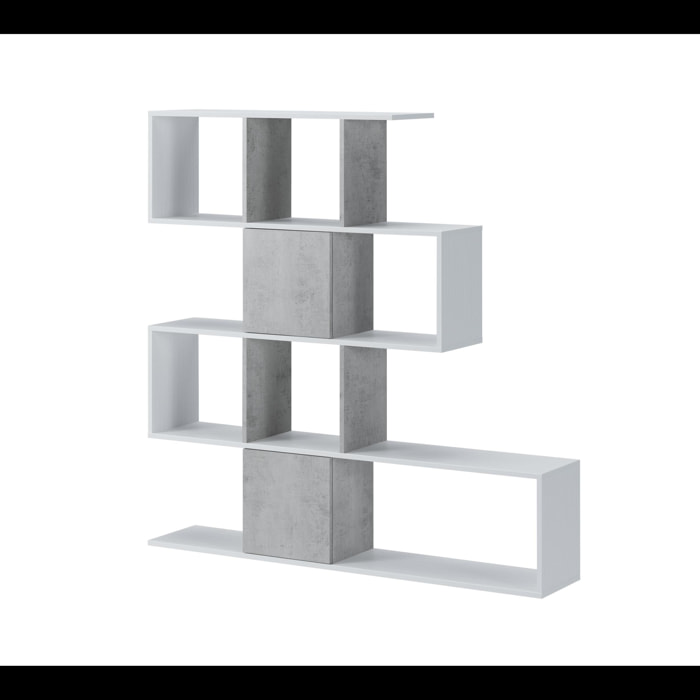 Libreria Moderna Asimmetrica Porta Libri Mensole Ripiani Design Bifacciale Con Vani Aperti e Chiusi 145 x 27,8 x 142 Cm Bianco e Grigio Cemento