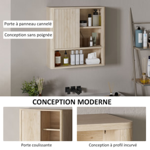 Armoire murale de salle de bain style bohème chic - porte coulissante, étagère, niche - effet bois clair