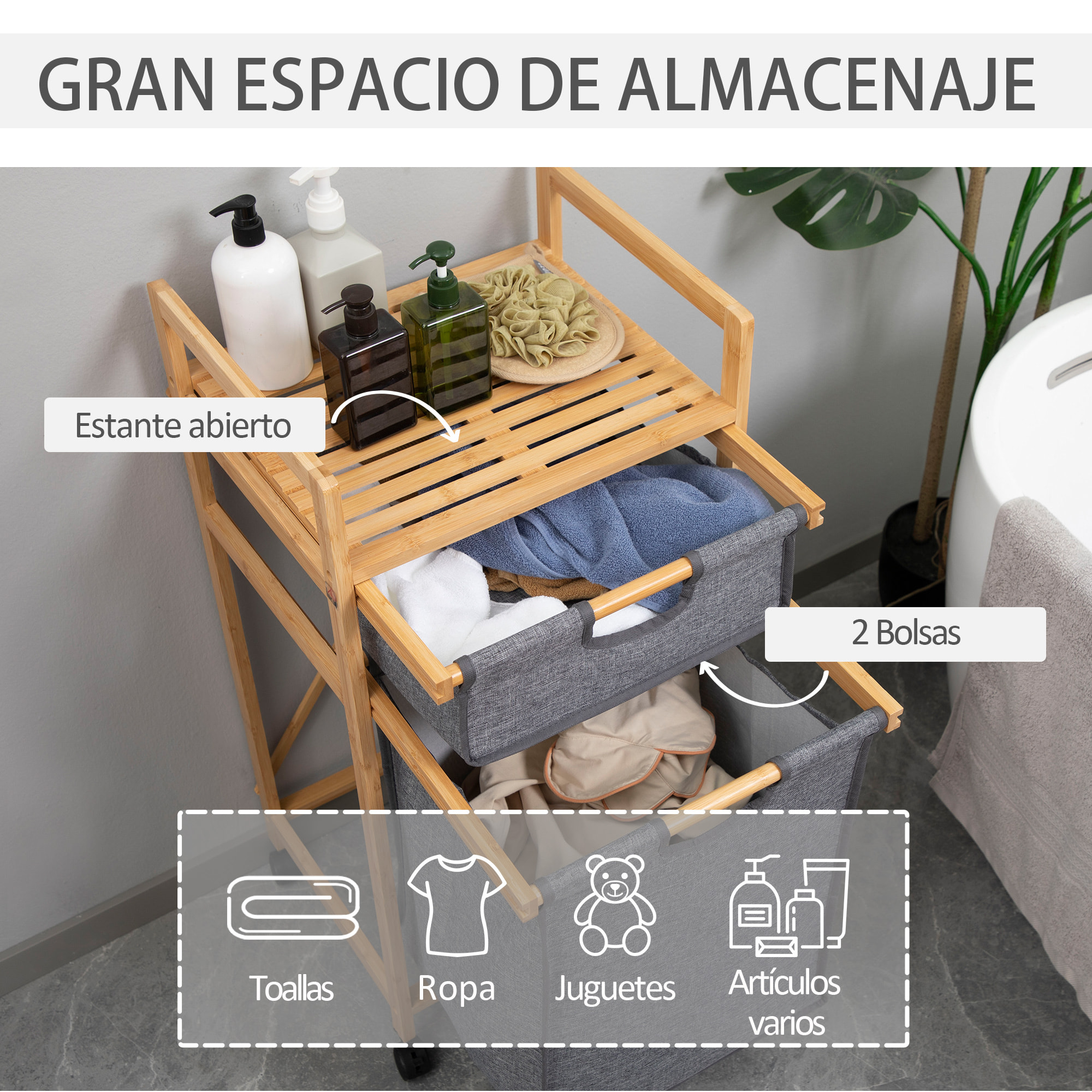 Cesto para Ropa Sucia de Bambú con 2 Bolsas de Tela Extraíbles 42x35x84,5 cm