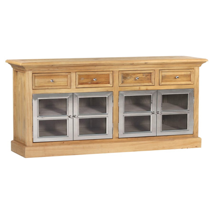 Credenza buffet in legno di olmo, 4 ante in acciaio e 4 cassetti 210x45x87 cm