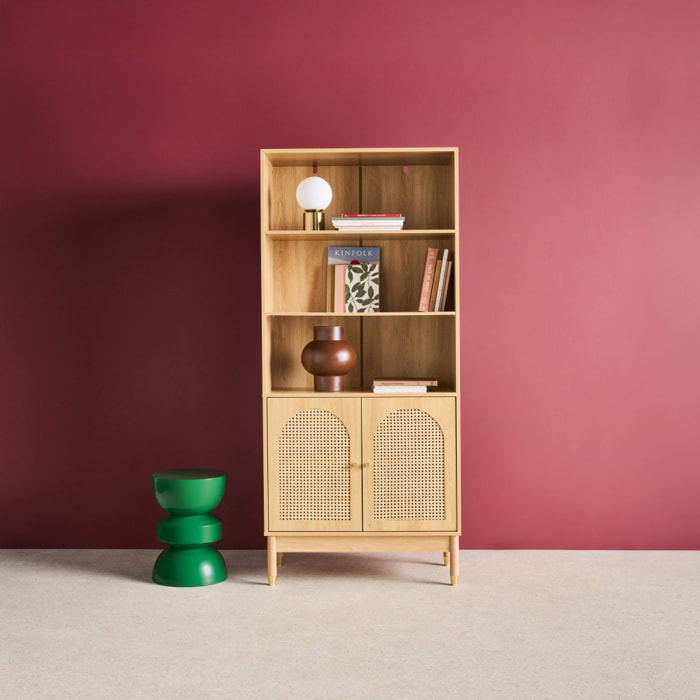 Etagère bibliothèque décor bois et cannage 4 niveaux 2 portes teinte naturelle - 80 x 40 x 178 cm - Judith