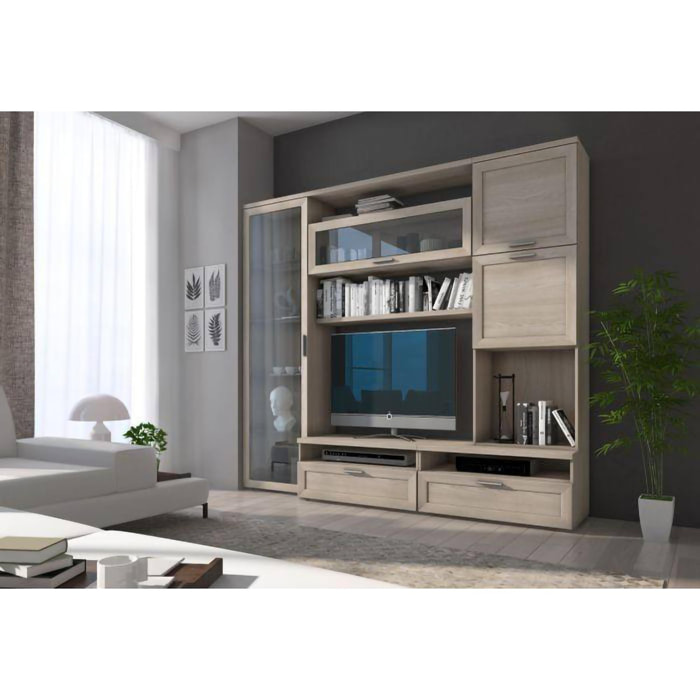 Parete attrezzata da soggiorno, Mobile porta TV con vetrina e pensili con scaffali, Salotto completo, cm 240x50h215, colore Rovere