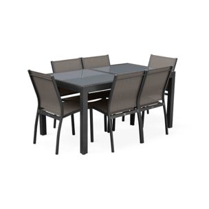 Table de jardin extensible aluminium + 6 assises - Orlando Gris taupe - Table en aluminium 150/210cm. plateau de verre. rallonge et 6 chaises en textilène