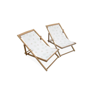 Lot de 2 chiliennes pour enfant en bois d'eucalyptus. tissu blanc avec motif soleil. salon de jardin enfant