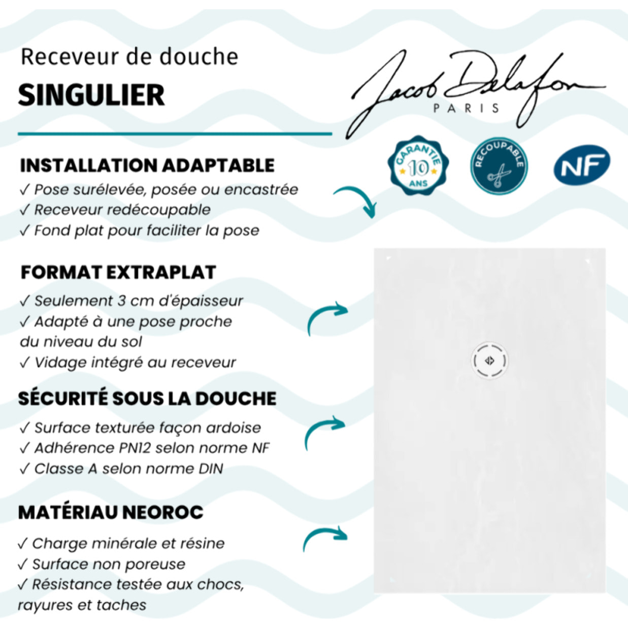 Receveur de douche antidérapant 120 x 90 Singulier neoroc rectangle blanc avec bonde sans capôt horizontale