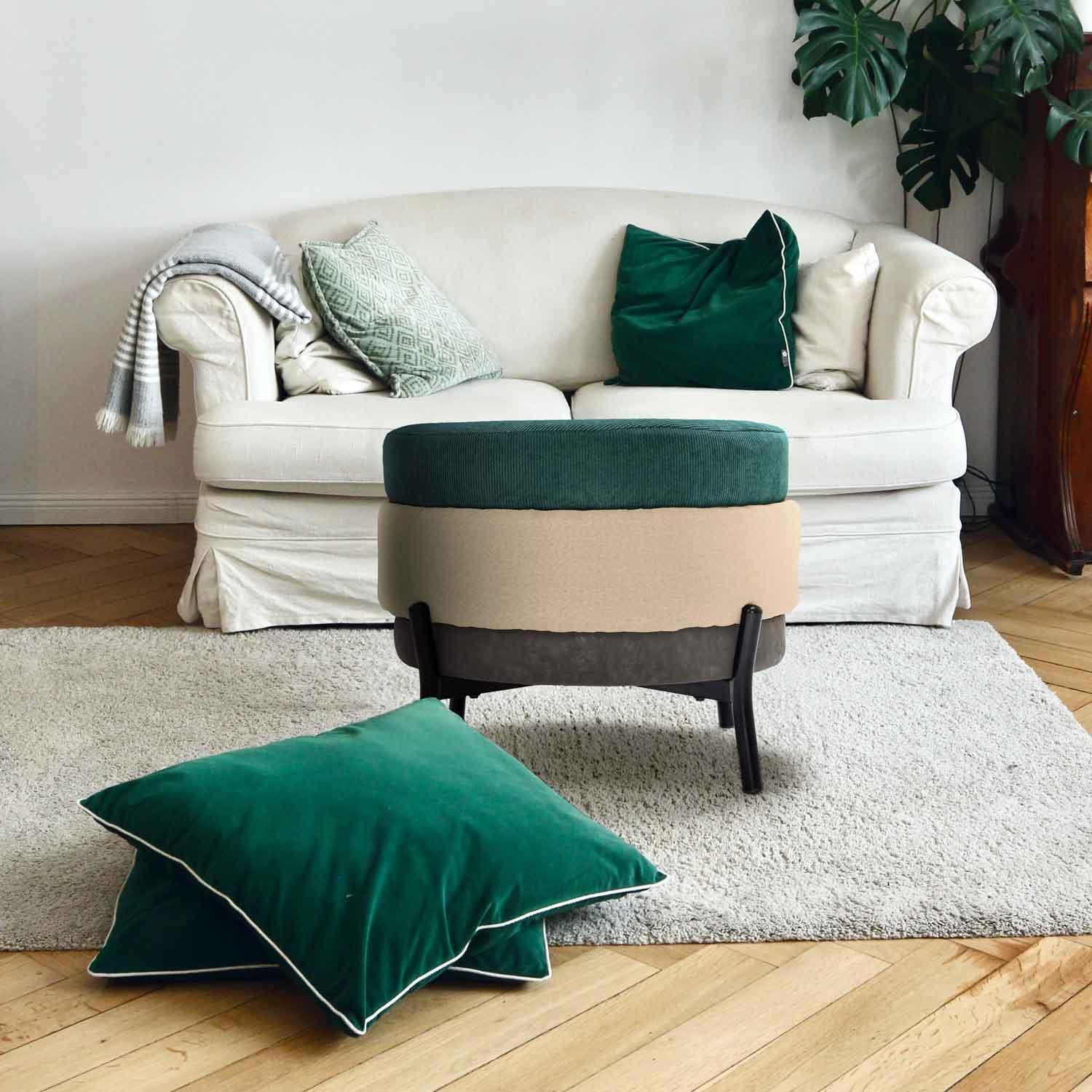 HAMBURG - Pouf rotondo a 3 stati in PU/velluto/tessuto beige