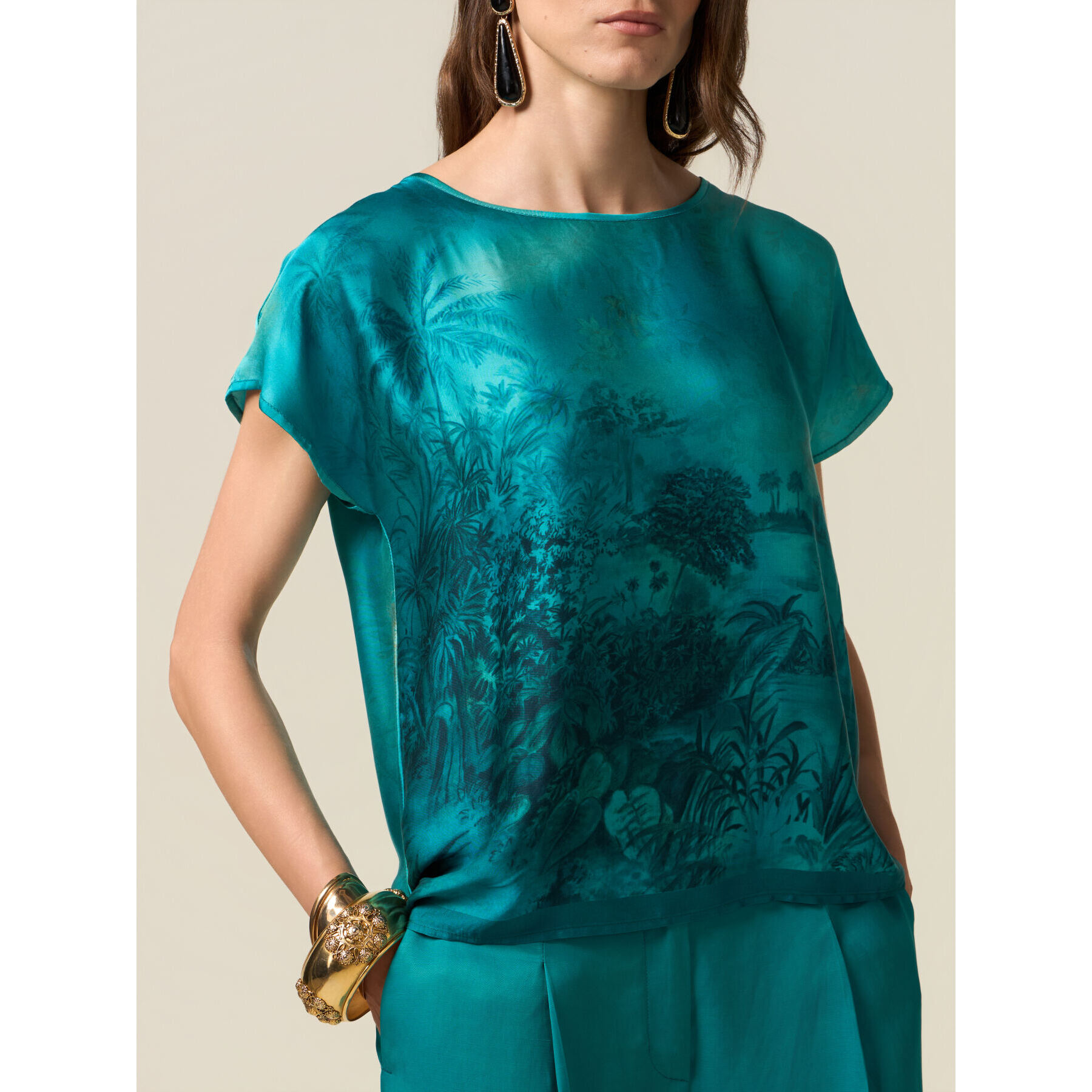 Oltre - Blusa in raso fantasia - Azzurro
