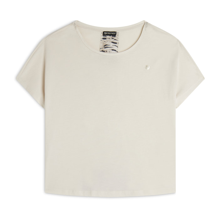 T-shirt maniche a kimono con stampa fantasia sul retro