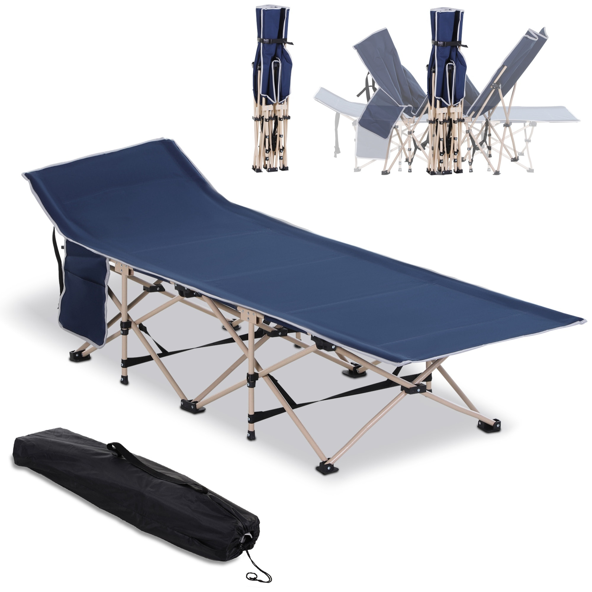 Cama de Camping Plegable Cama de Acampada con 1 Bolsillo Lateral Bolsa de Transporte y Marco de Acero Carga 150 kg para Playa Senderismo 190x68x52 cm Azul