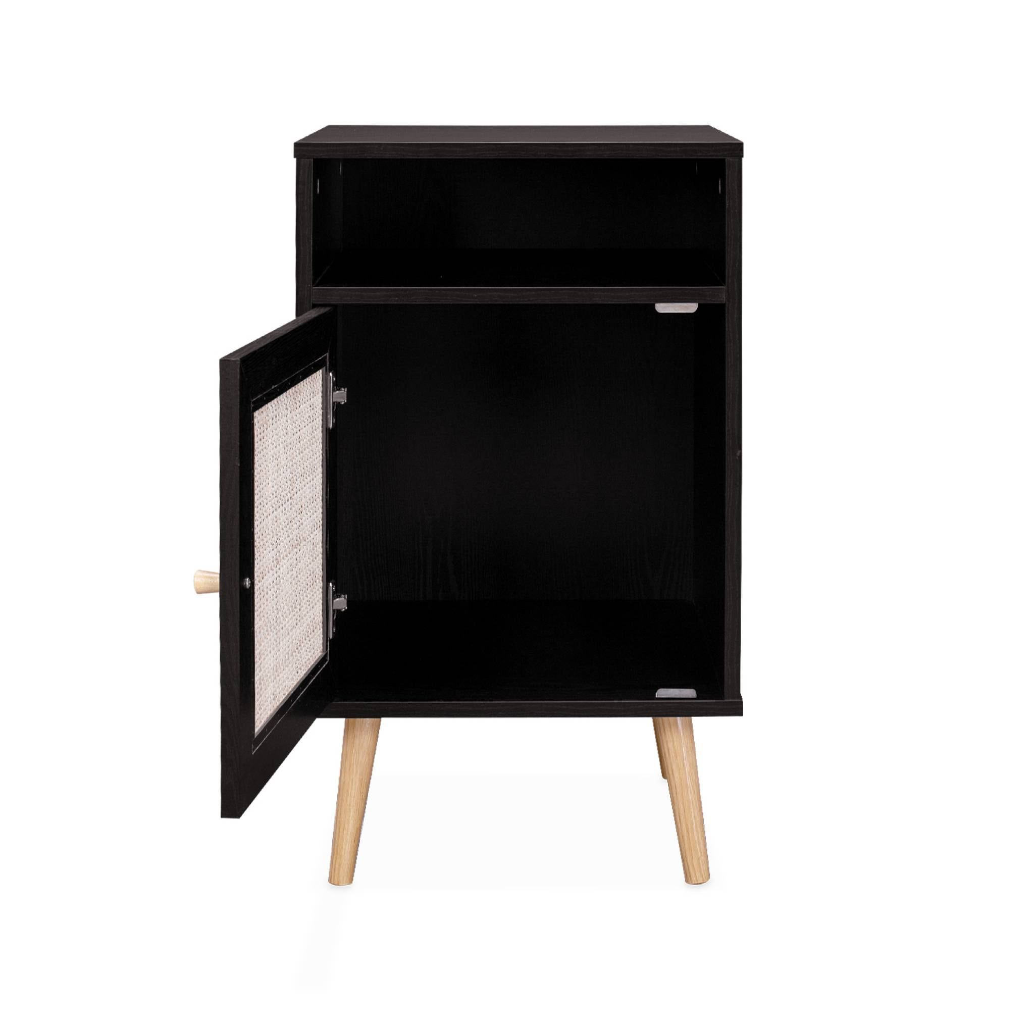 Lot de 2 tables de chevet en cannage - Bohème - 40x39x70cm Noir  - 2 niveaux - 1 portes - 1 espace de rangement - pieds scandinaves