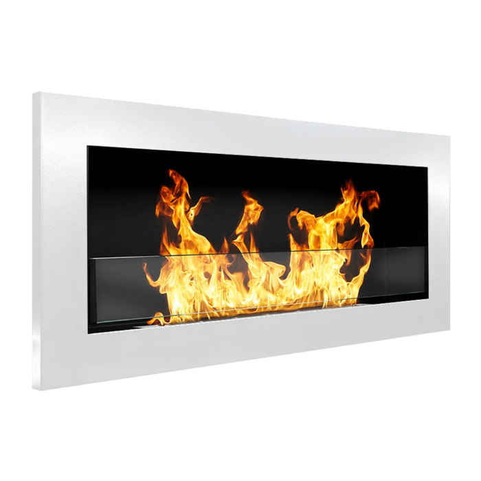 Livorno - Camino a Bioetanolo da Parete 90x40x12 cm con Bruciatore 0,75lt in Acciaio e Vetro Bianco