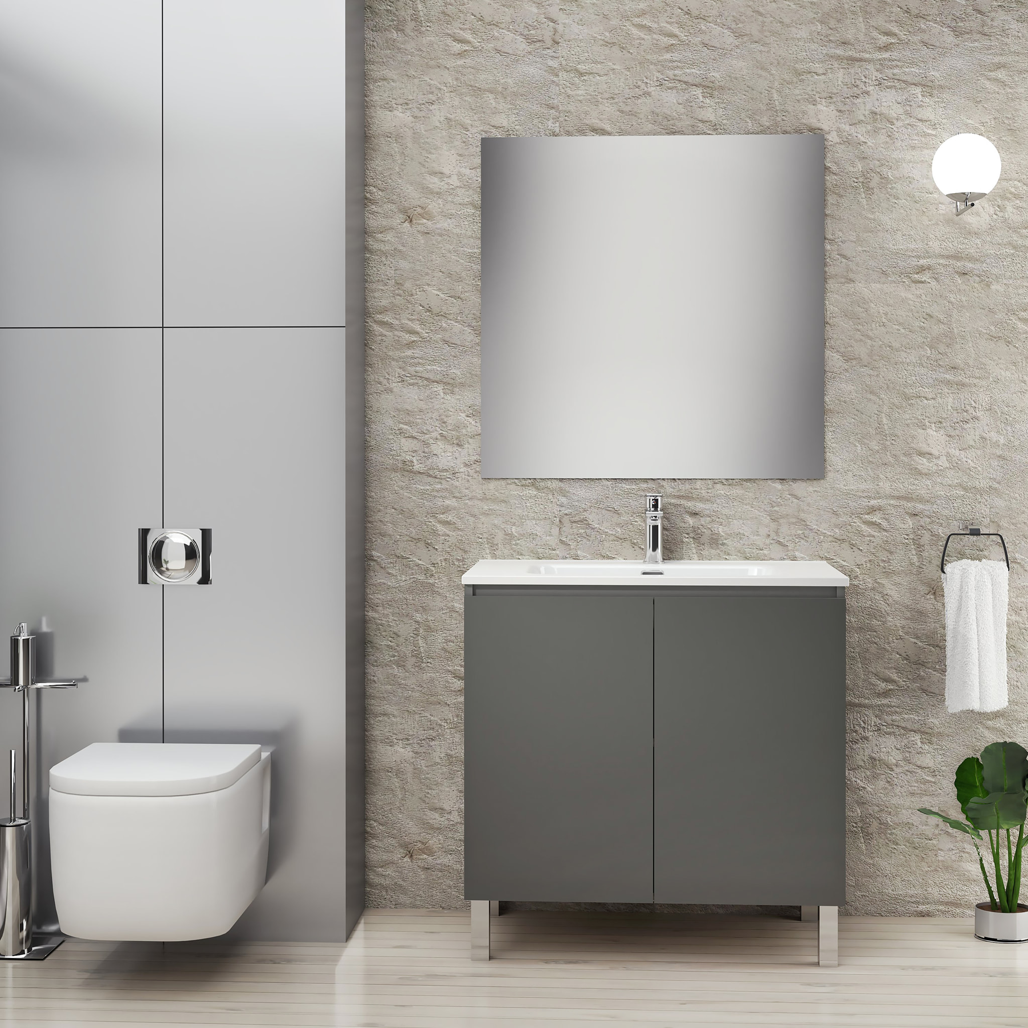 Ensemble de Salle de Bain Lust | 80 cm Gris Mat | Deux Portes | Lavabo Encastré | N'inclut pas le Miroir | Meuble Assemblé | Alday
