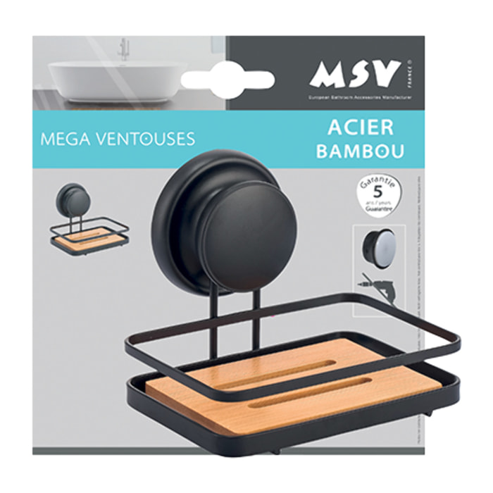 Porte Savon avec Mega Ventouse Acier & bambou Noir mat MSV