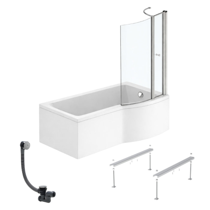 Pack baignoire bain douche 150 x 80 cm droite Connect Air + tablier + pare bain avec volet  + pieds + vidage Chromé