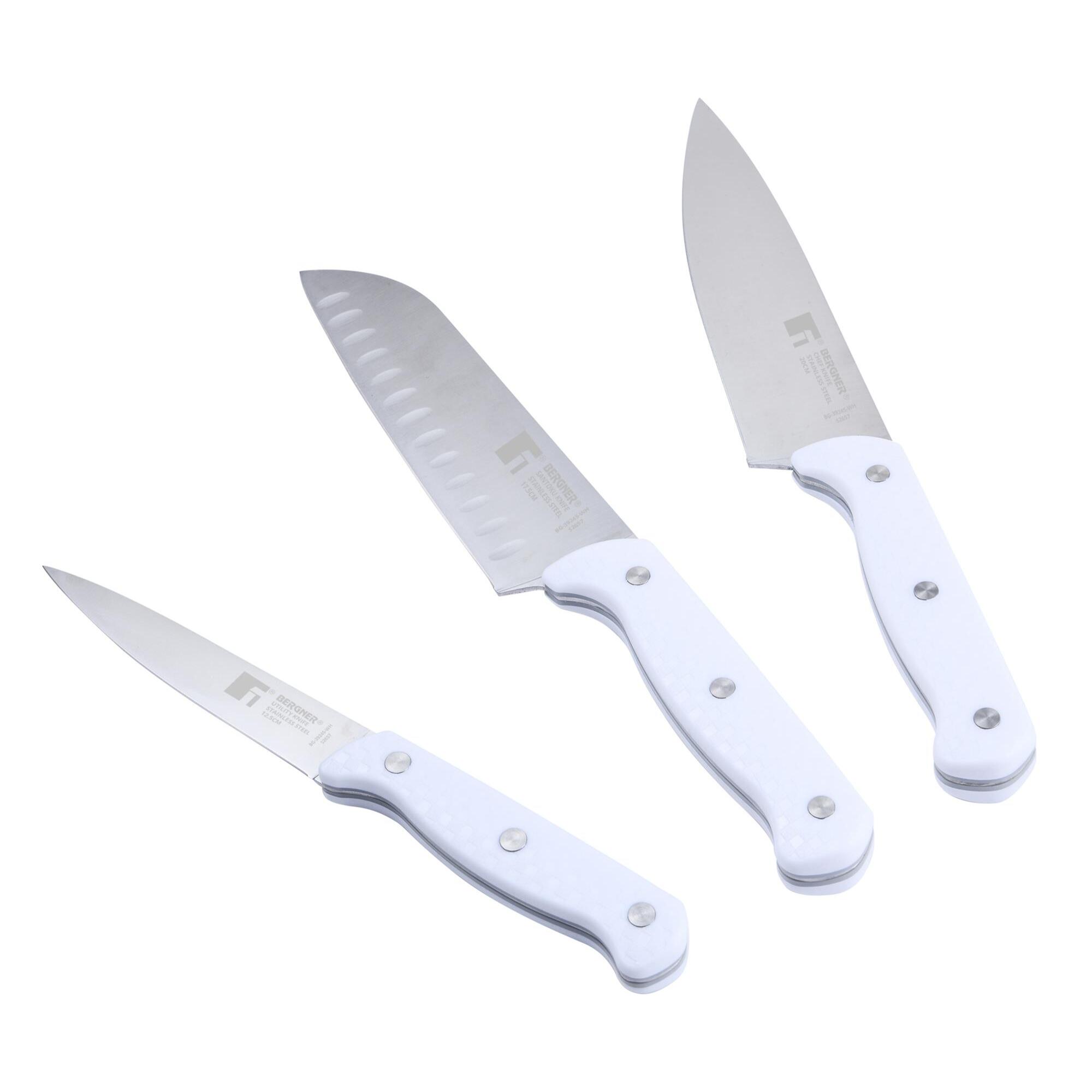 set de 3 cuchillos (chef + santoku + multiusos) con tacoma en acero inoxidable